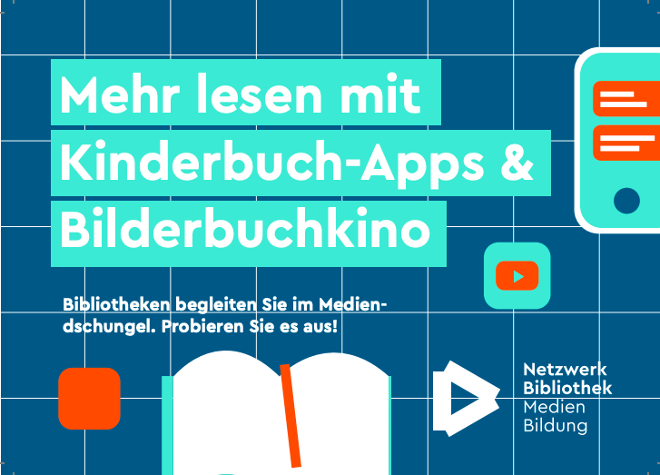 Postkatze vom Nerzwerk Bibliothek mit Text "Mehr lesen mit Kinderbuch-Apps & Bilderbuchkino"