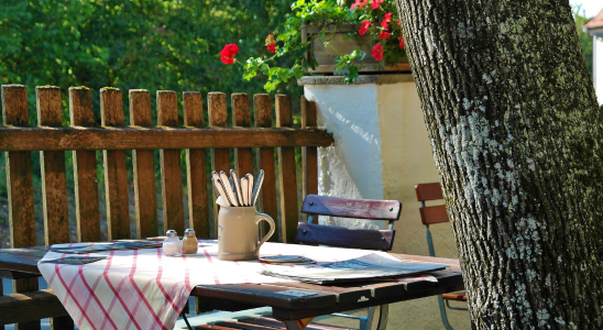 Tisch mit rot-weiß-karierter Tischdecke und einem Bierkrug in der Mitte. Dieser ist mit Besteck gefüllt. Dahinter ein Gartenstuhl und rechts ein Baumstamm.