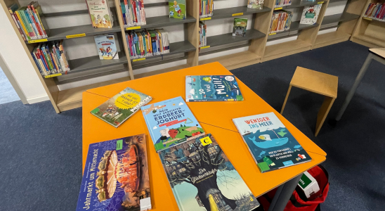 Tisch in der Schulbibliothek mit einer Auswahl an Büchern
