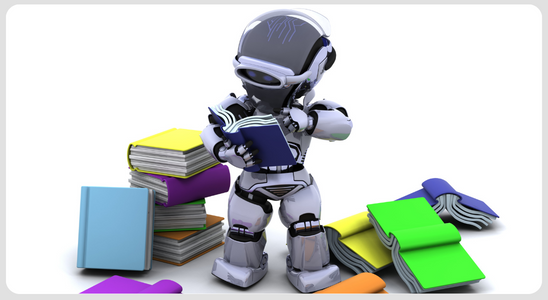 Roboter steht zwischen Büchern und liest ein Buch