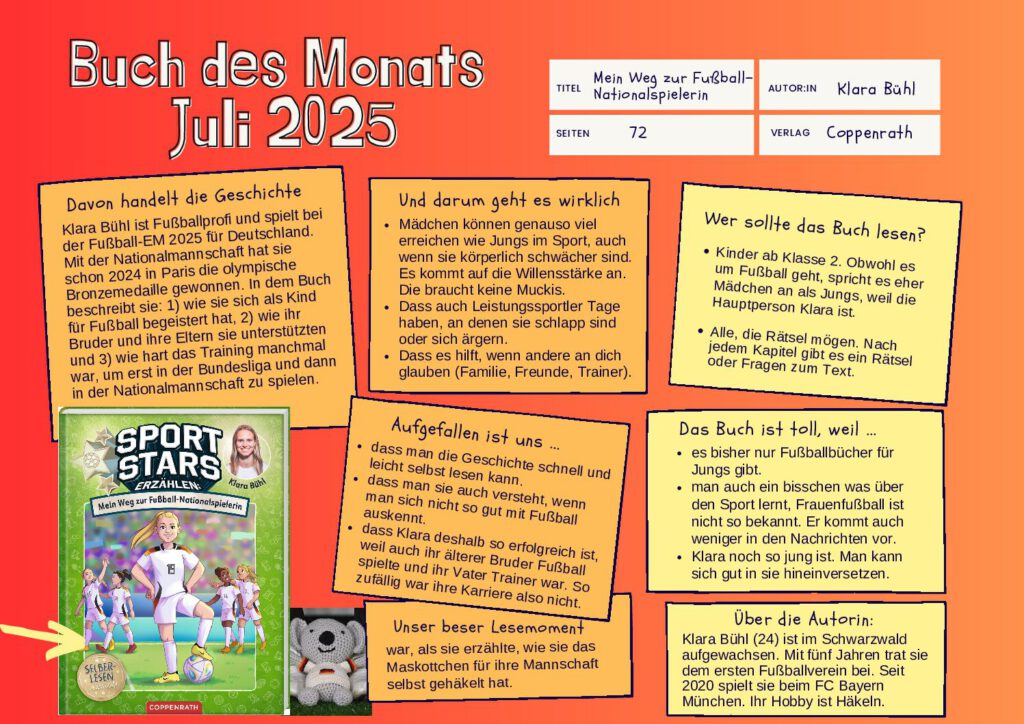 Poster über das Buch "Mein Weg zur Fußball-Nationalspielerin" von Klara Bühl. Das Poster hat einen orangenen Hintergrund, im Vordergrund ist das Buch abgebildet und gelbe Boxen, in denen der Text steht. Die Texte beinhalten beispielsweise worum es in dem Buch geht oder warum das Buch toll ist.