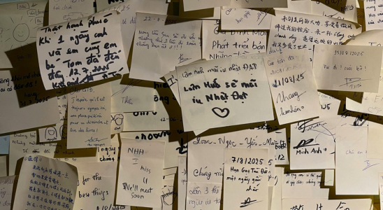 Das Bild ist voll mit Haftnotizen, die mit Kugelschreiber und Filzstiften unleserlich beschrieben sind.