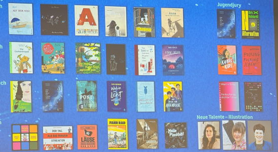 Übersicht aller Nominierungen des Jugendbuches 2025 von einer Powerpoint abfotografiert